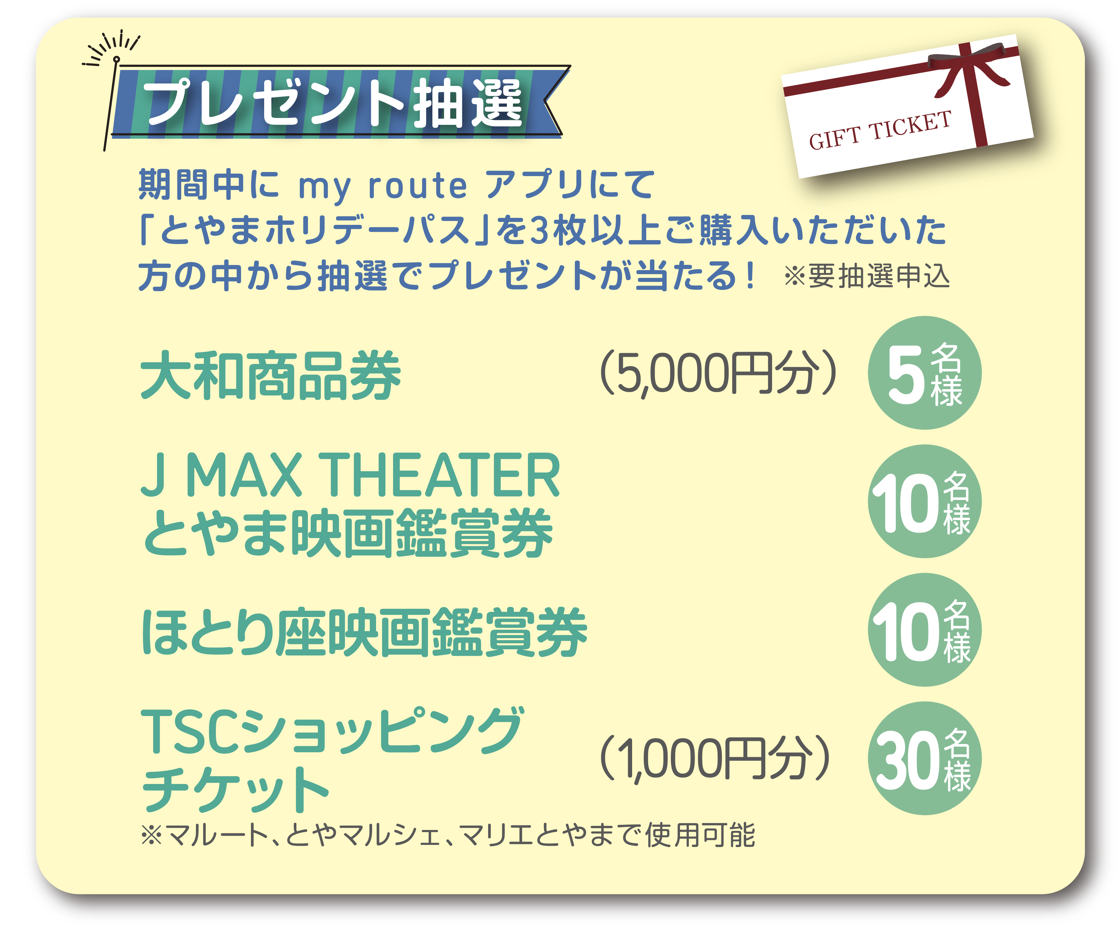 期間中にmy routeアプリにて「とやまホリデーパス」を3枚以上ご購入いただけた方の中から抽選でプレゼントが当たる！※要抽選申込